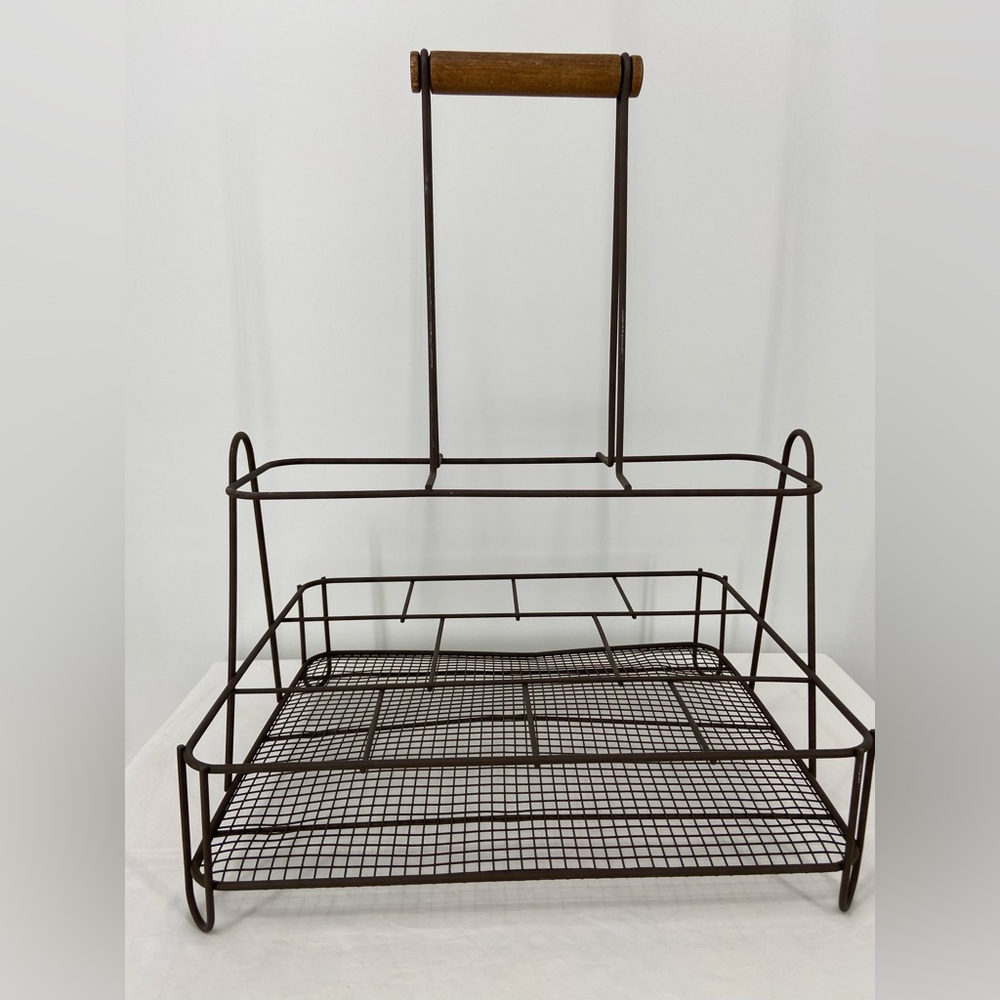 Metal Wire Caddy for BBQ & Organizing Glasses Food utensils wooden handle